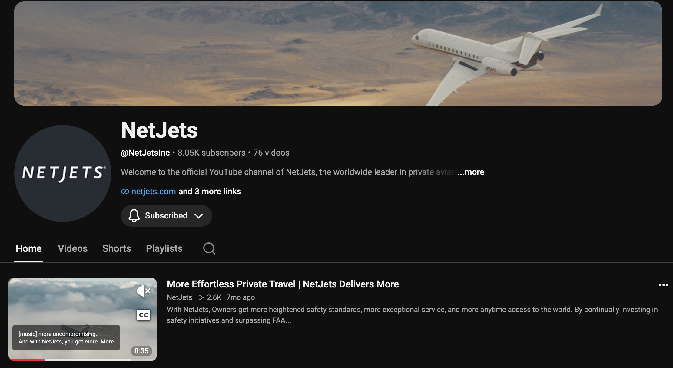 NetJets YouTube channel homepage