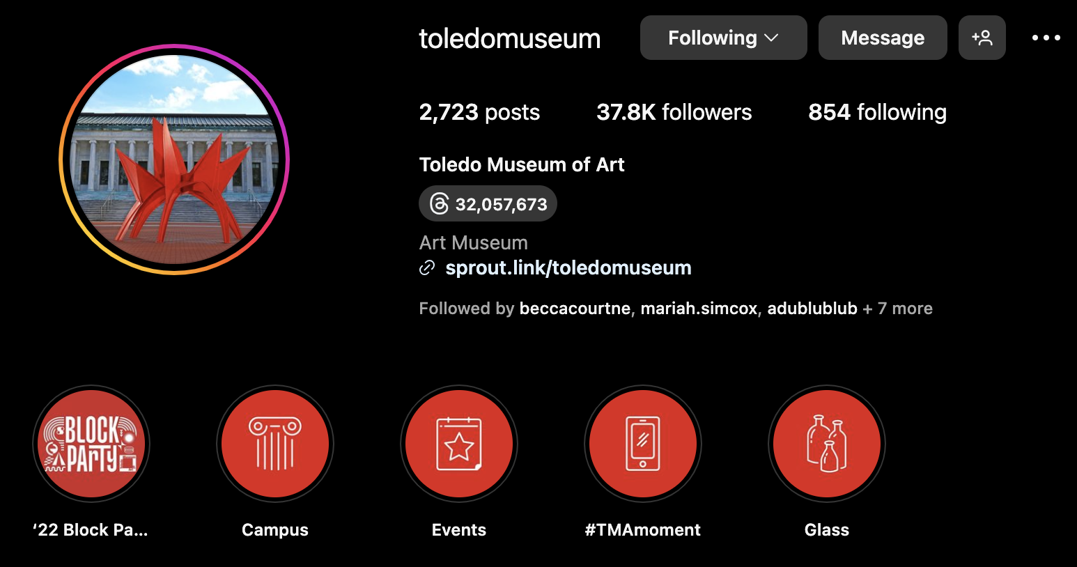 TMA Instagram profile with content pillar highlights