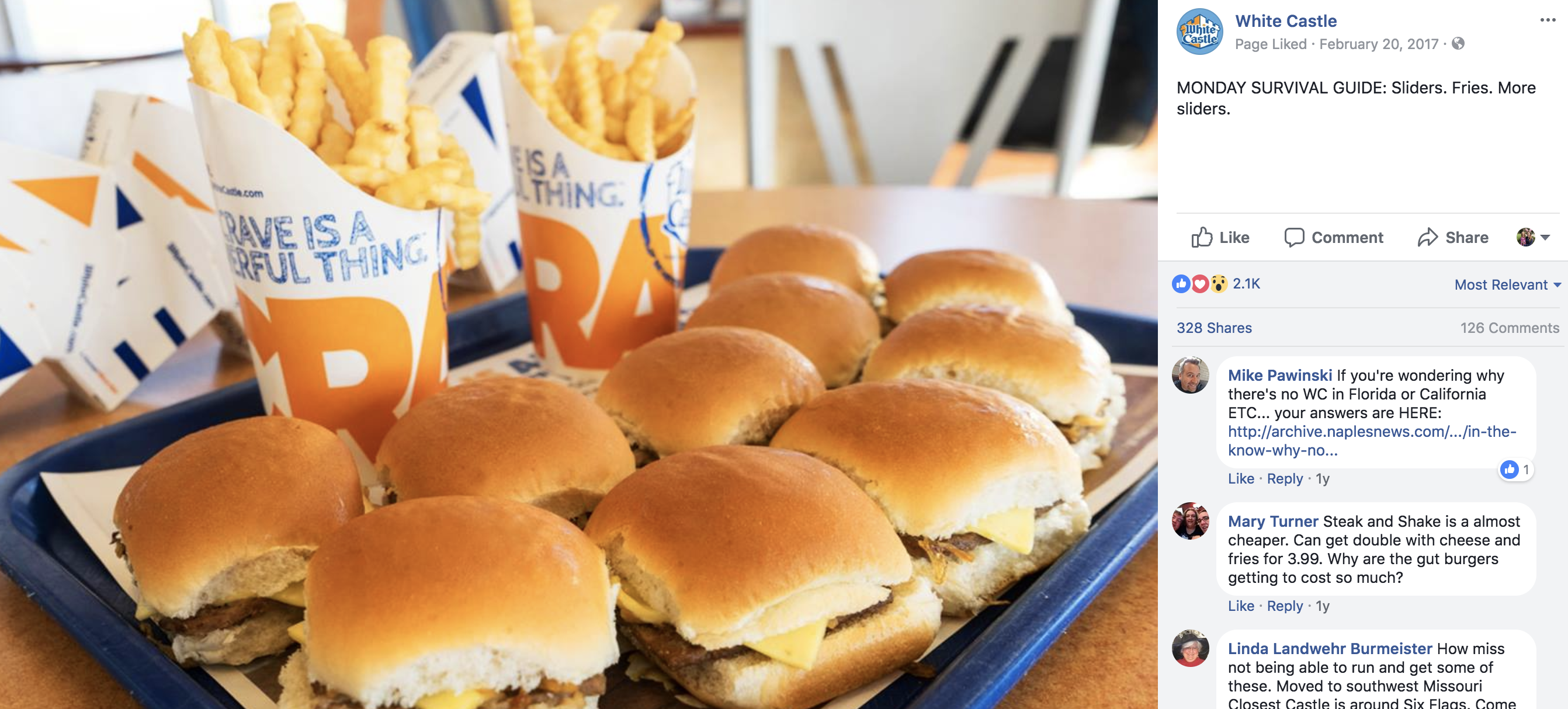 White Castle Facebook post with high fan engagement